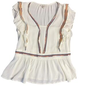 See U Soon Anthropologie Ivory Embroidered Flutter Sleeve Peplum Blouse Size XS